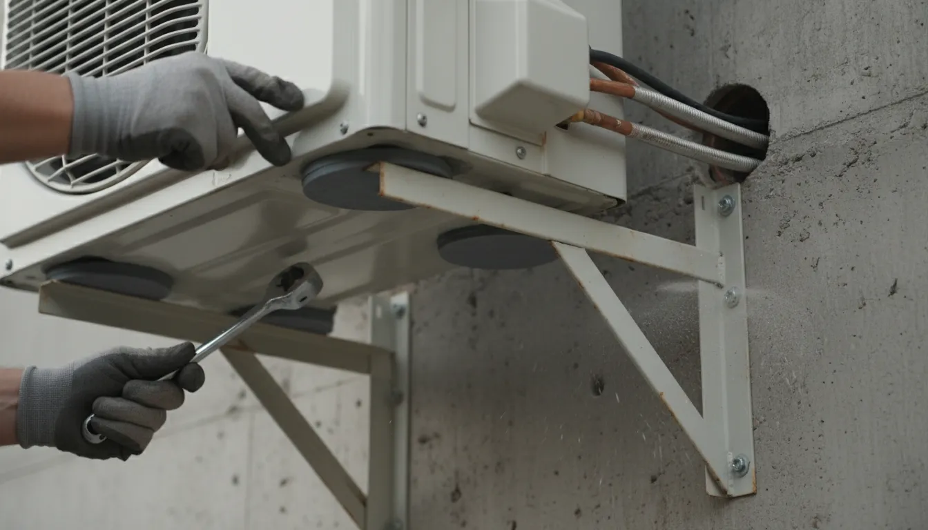 Technician installing or replacing an outdoor air conditioning unit on a concrete wall with tools.