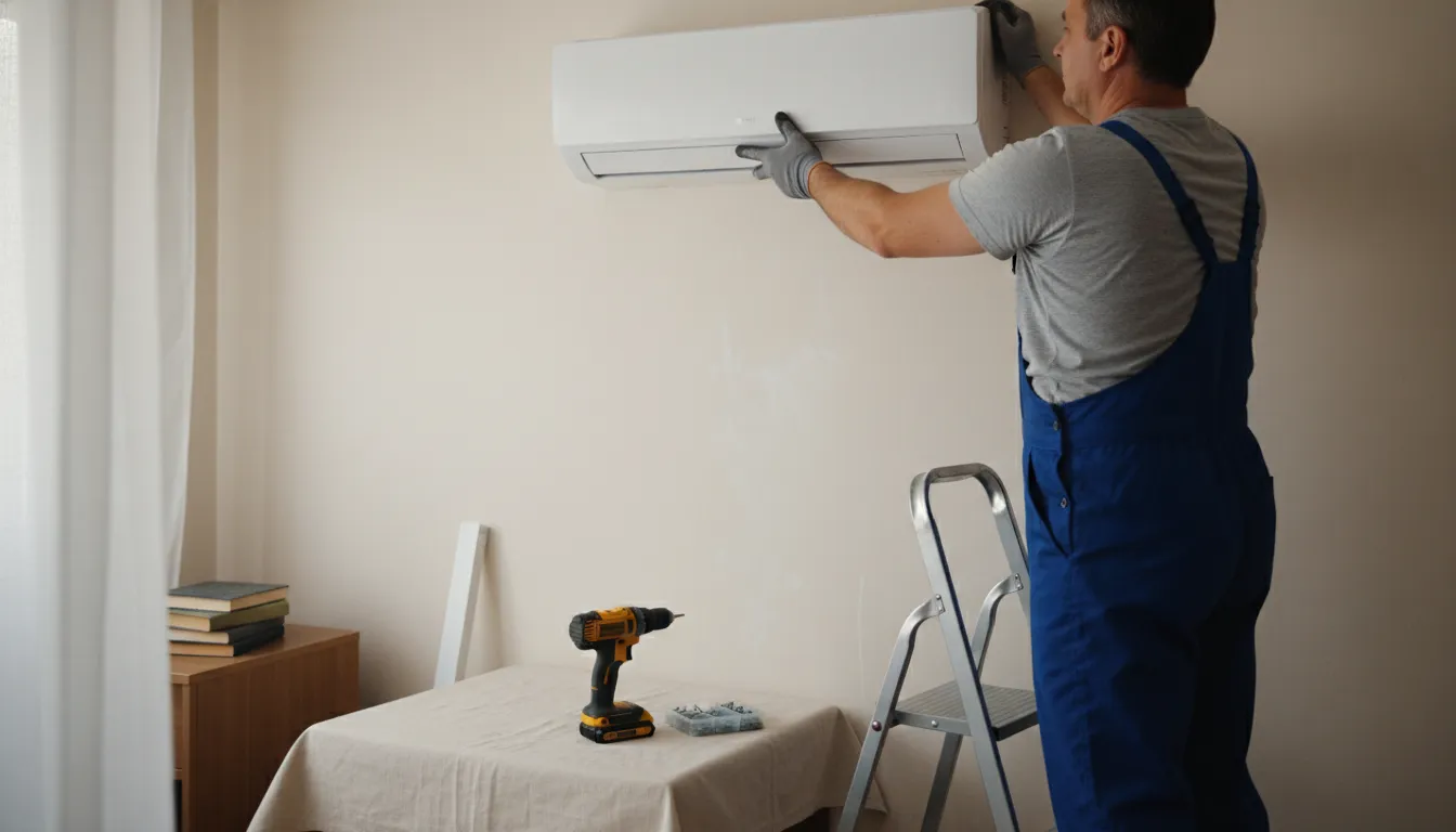HVAC technician in blue overalls installing a wall-mounted air conditioning unit in a residential room.