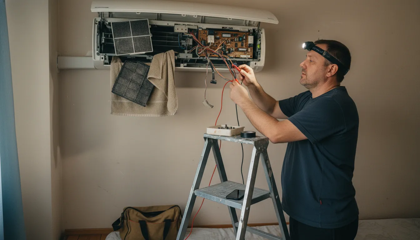 HVAC technician on ladder repairing a wall-mounted air conditioner with tools and headlamp indoors.