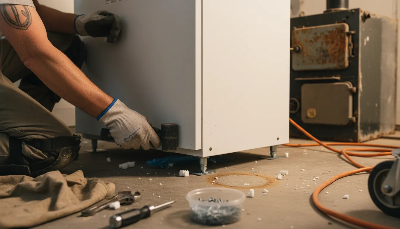 Technician installing a new boiler unit in a utility room, with tools and hardware scattered on the floor.