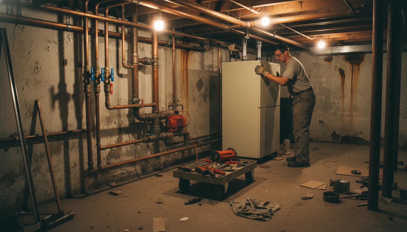 Technician installing or replacing a boiler in a basement with exposed pipes and tools scattered on the floor.