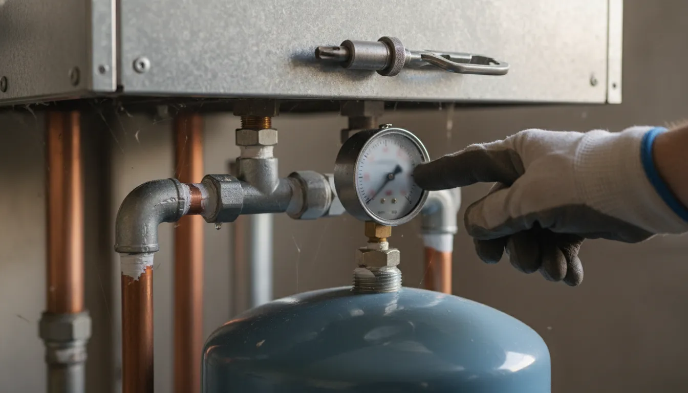 Technician wearing gloves checking a pressure gauge on a residential boiler system with copper pipes.