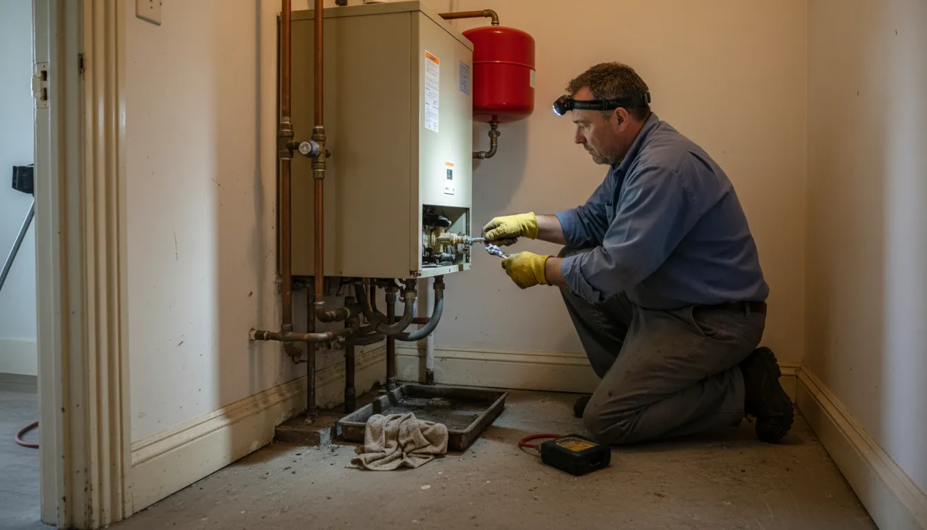 Technician wearing gloves and headlamp repairing a residential boiler in a utility room.