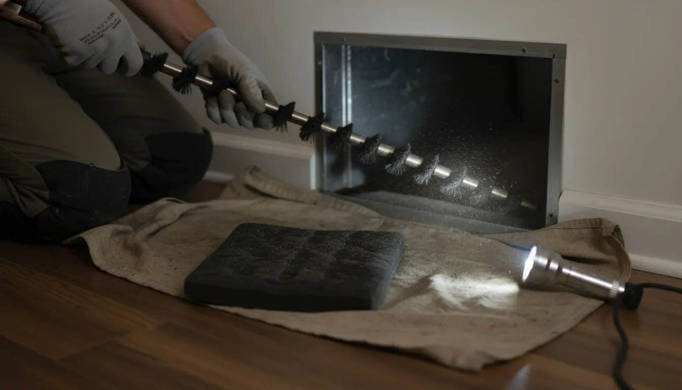 Technician cleaning air duct with rotary brush tool, flashlight, and dust cloth on hardwood floor.