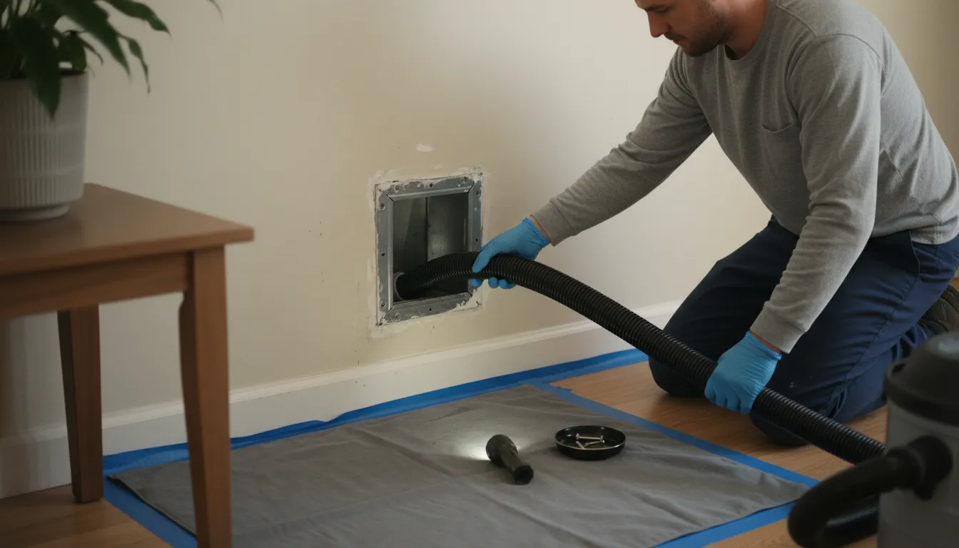 Technician cleaning air duct with vacuum hose, wearing gloves, mat and tools on floor for duct cleaning service