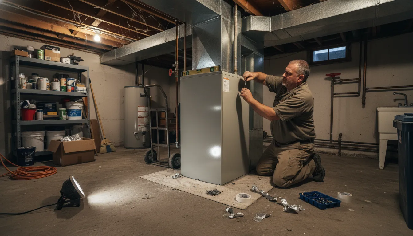 Technician installing a new furnace in a basement, surrounded by tools and HVAC ductwork.