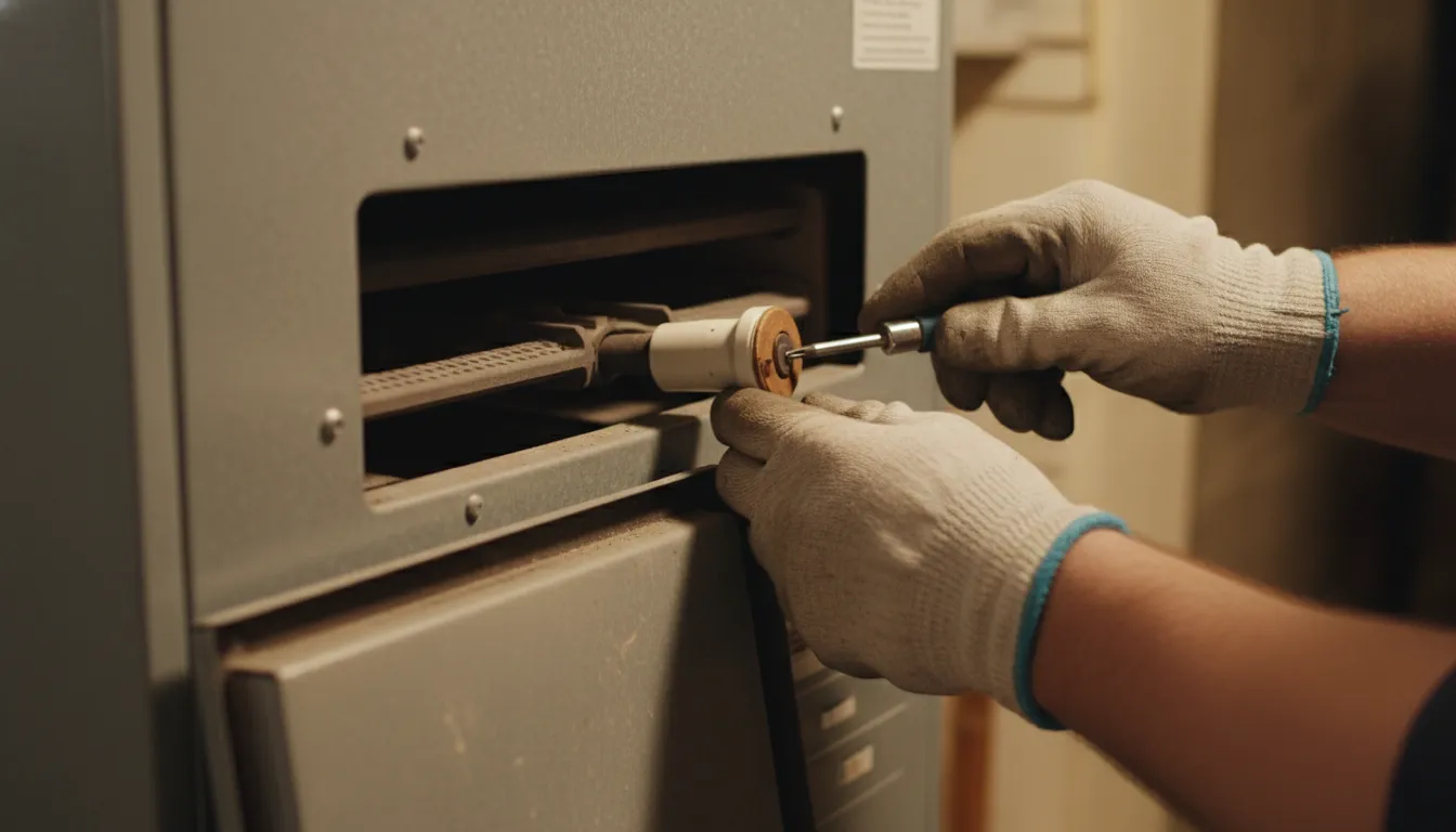 Technician wearing gloves repairing a furnace burner with a screwdriver in a residential setting.