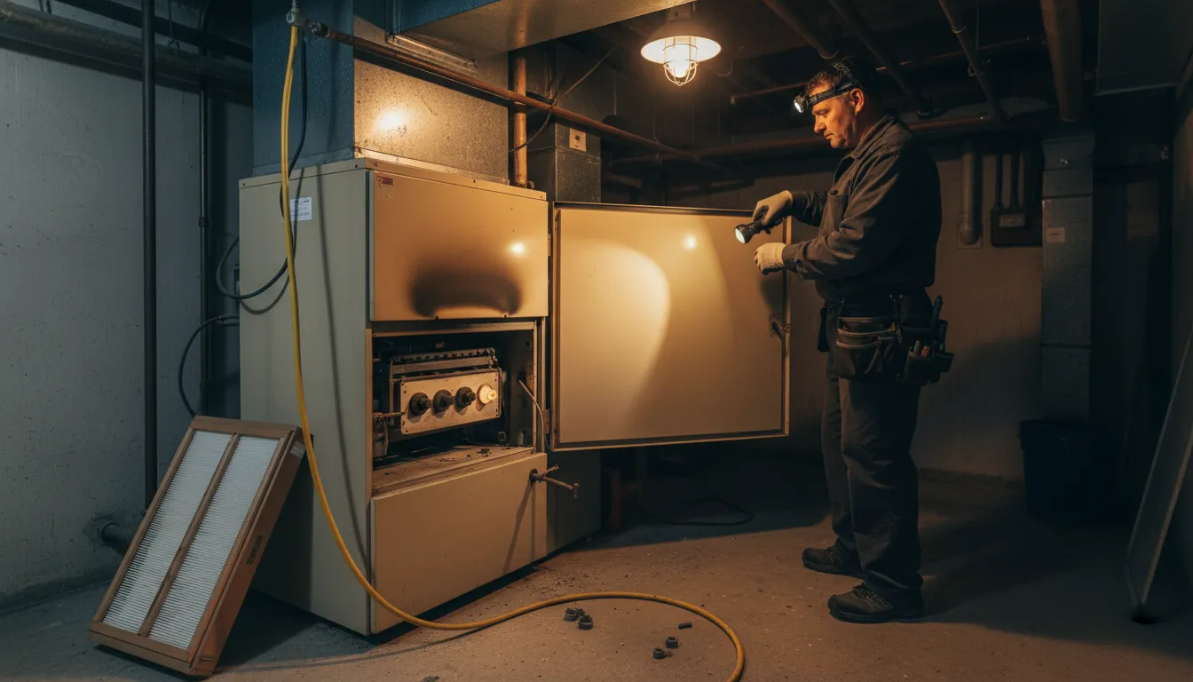 HVAC technician inspecting and repairing a furnace in a dimly lit basement with tools and filter nearby.