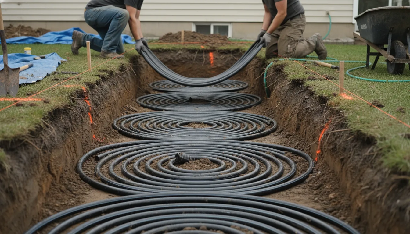 Technicians installing geothermal heat pump coils in a trench for an energy-efficient HVAC system.