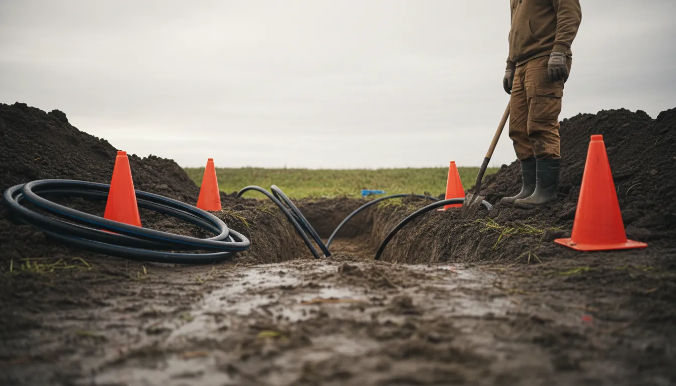 Worker standing by a trench with geothermal heat pump pipes and orange safety cones on muddy ground.