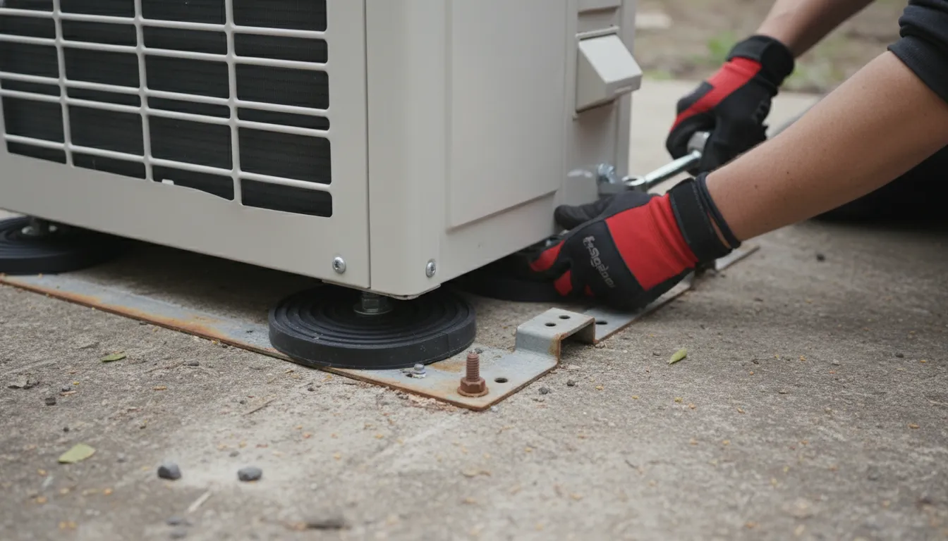 Technician in red gloves installing or replacing a heat pump unit on a concrete pad outdoors.