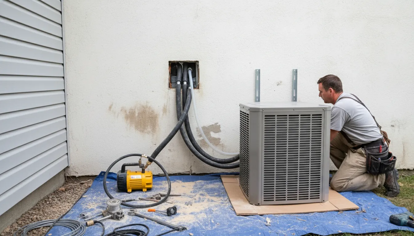 Technician installing a heat pump unit outside a house, connecting hoses and electrical wiring.