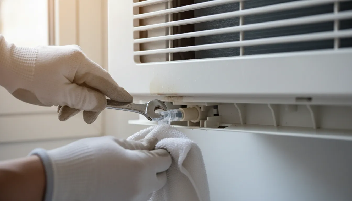 Technician wearing gloves uses a wrench to repair a heat pump unit, holding a cloth for cleaning.