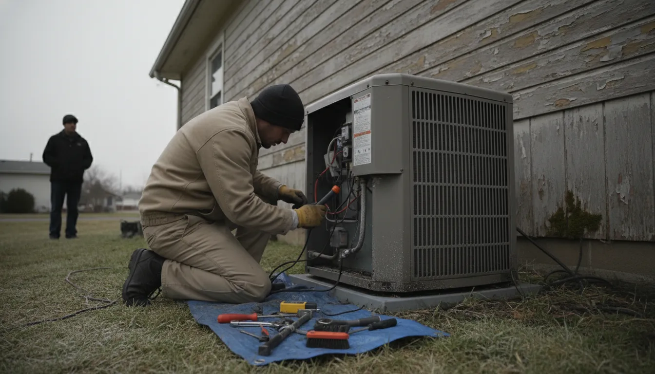 HVAC technician repairing an outdoor heat pump unit beside a house, tools spread on a blue mat nearby.