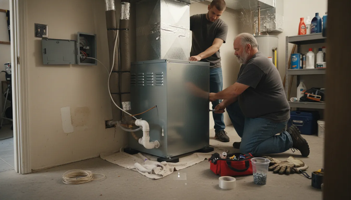 Two HVAC technicians installing a furnace unit in a utility room with tools and supplies nearby.