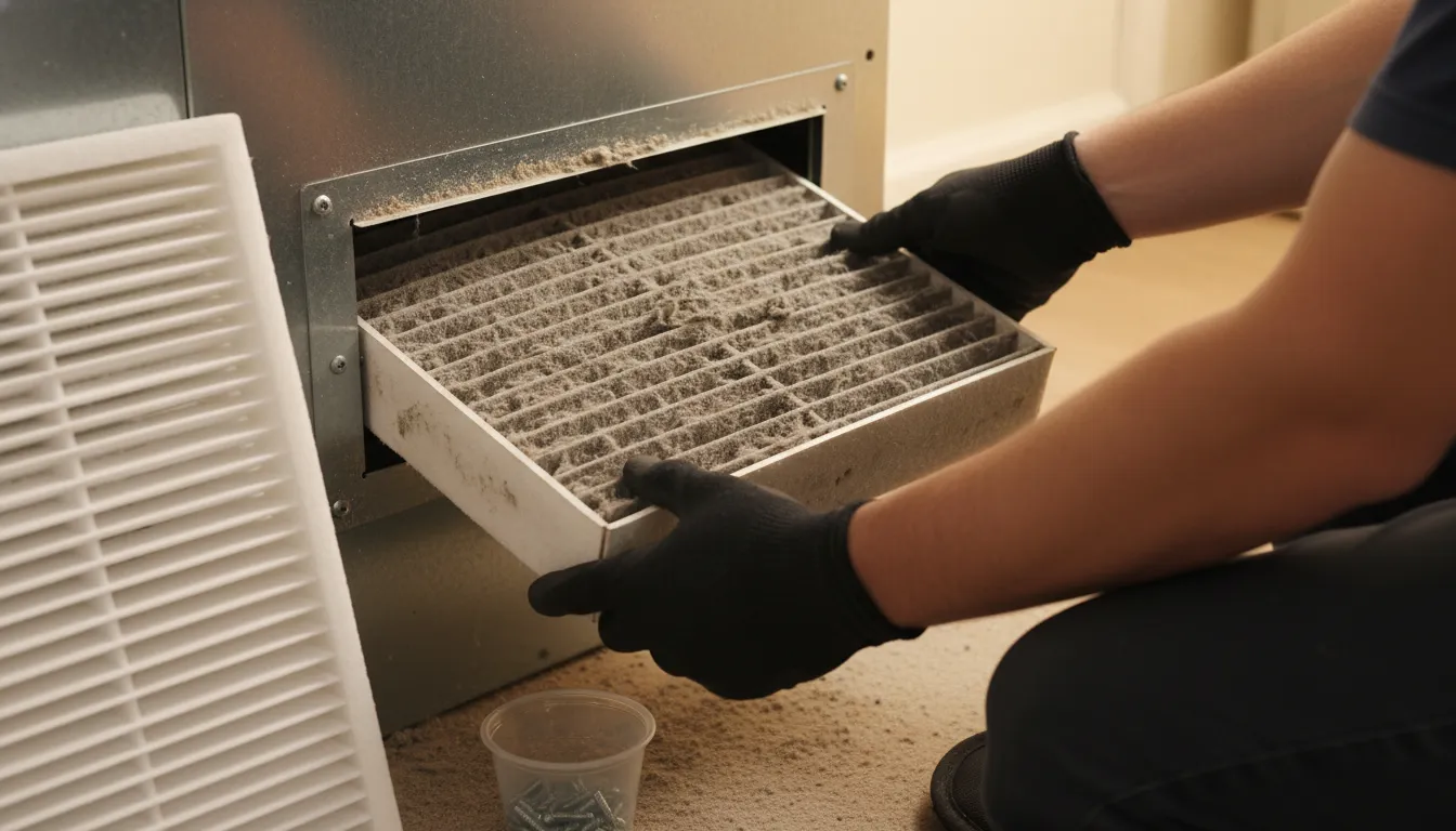 Technician wearing black gloves removes a dirty air filter from an HVAC unit during maintenance.