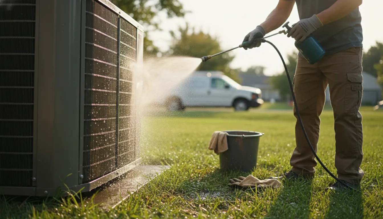 Technician cleaning outdoor HVAC unit with a pressure washer during routine maintenance on a sunny day.