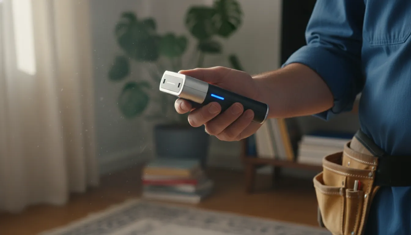Technician holding an indoor air quality meter in a living room with sunlight and houseplants in the background