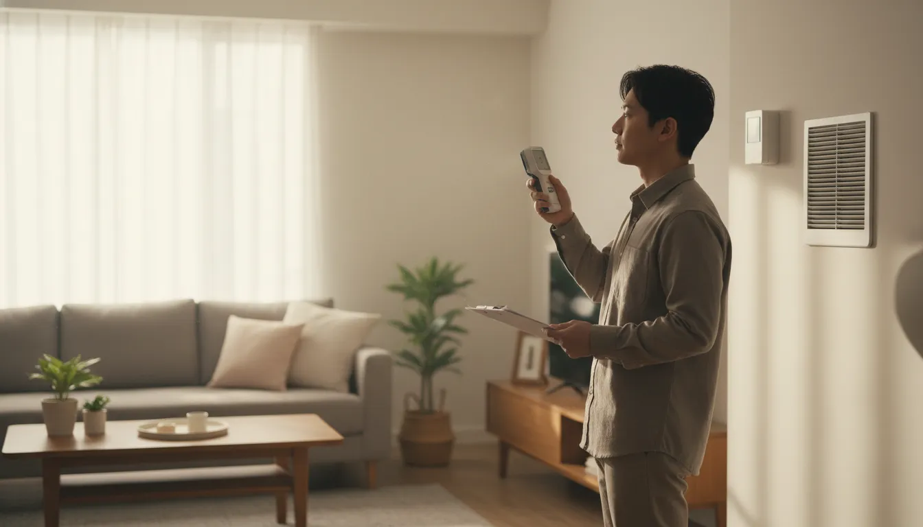 Man testing indoor air quality with a handheld device in a bright, modern living room with plants.