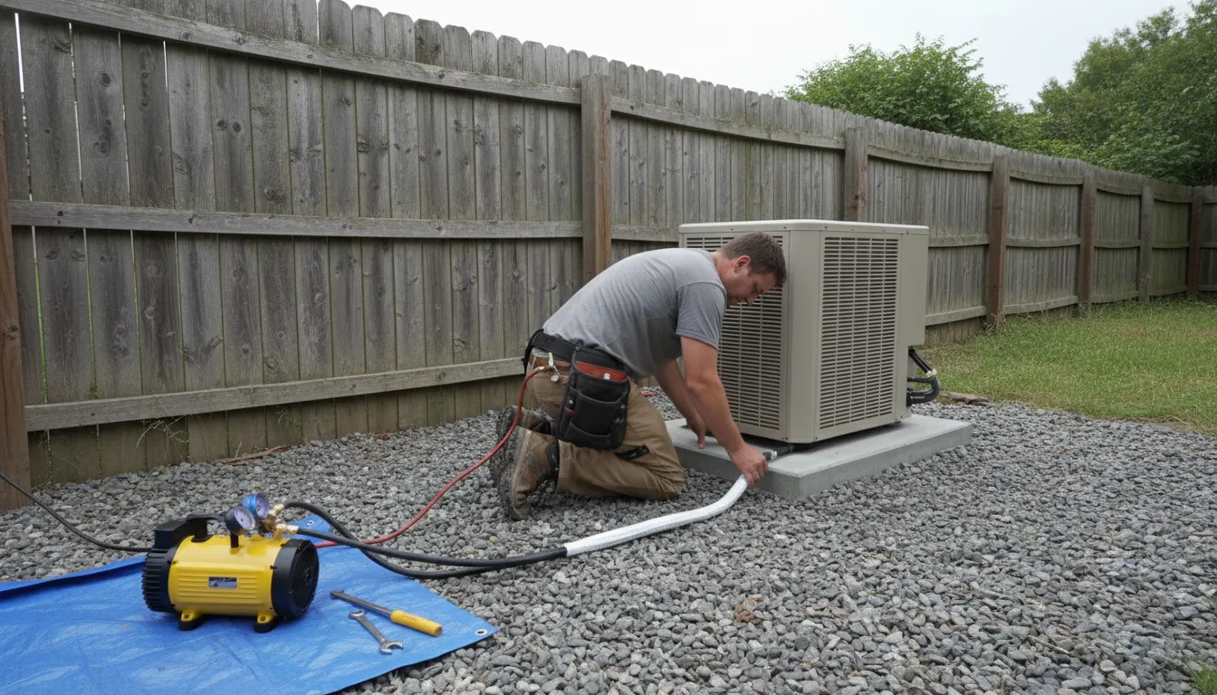 Technician installing a mini-split HVAC outdoor unit on gravel near a wooden fence in a backyard.