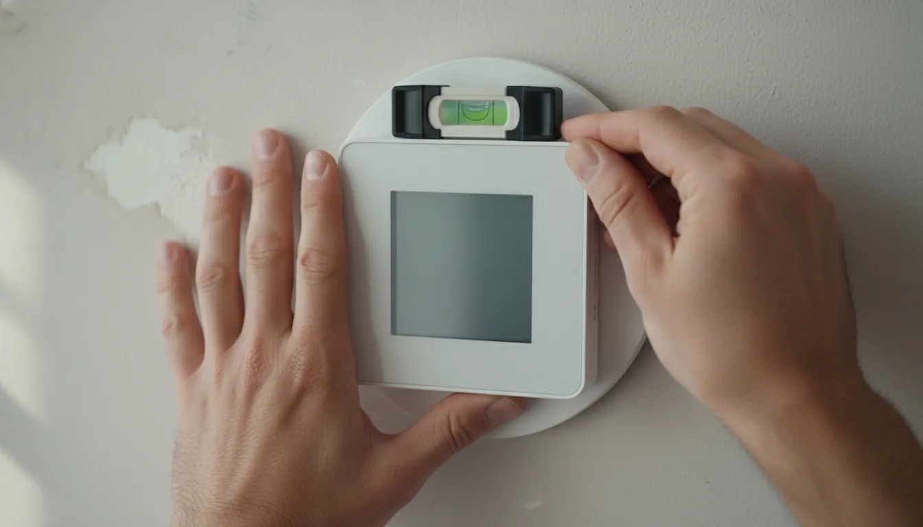 Technician installing a digital thermostat on a wall, using a level tool for precise alignment.