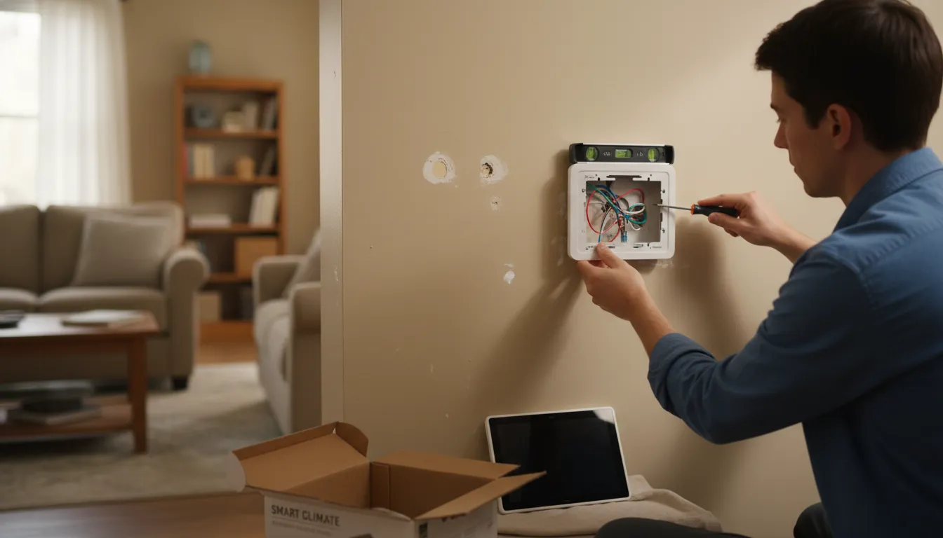 Technician installing or repairing a wall-mounted thermostat in a modern living room with tools nearby.